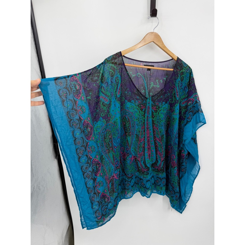 Lane Bryant Paisley Poncho Top Women 22/24 Teal Blue Purple V-Neck Sheer Chiffon